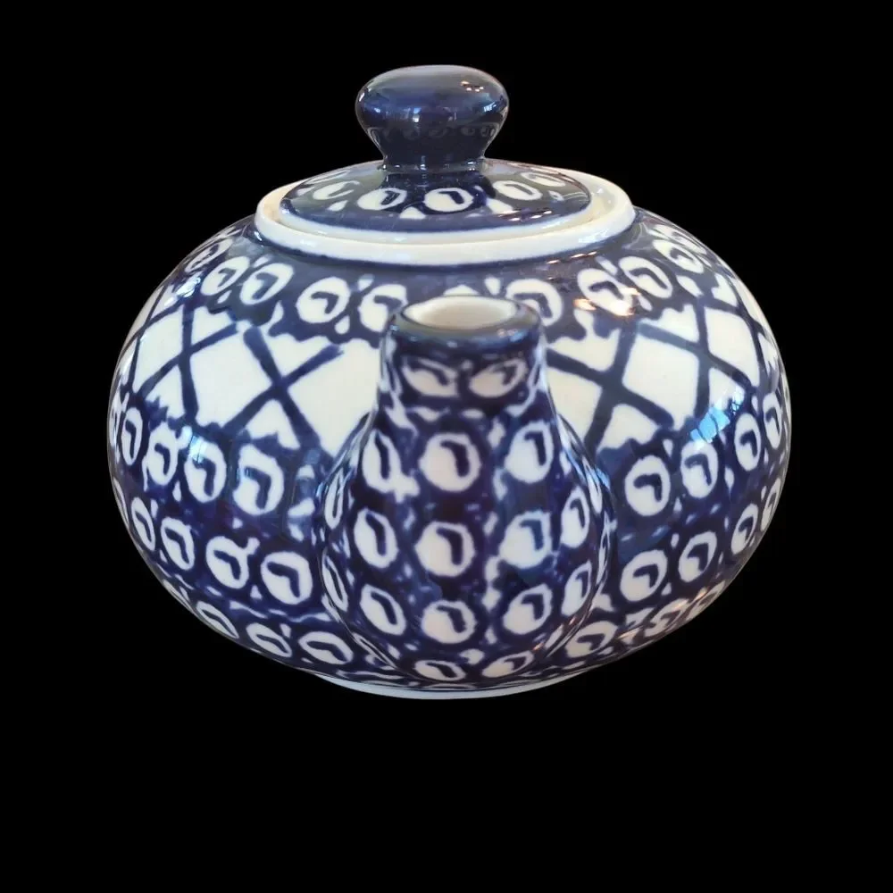 Polish Pottery Authentic Bolesławiec Teapot Hand Made 16 Oz 1 Pint BLUE 2 cups